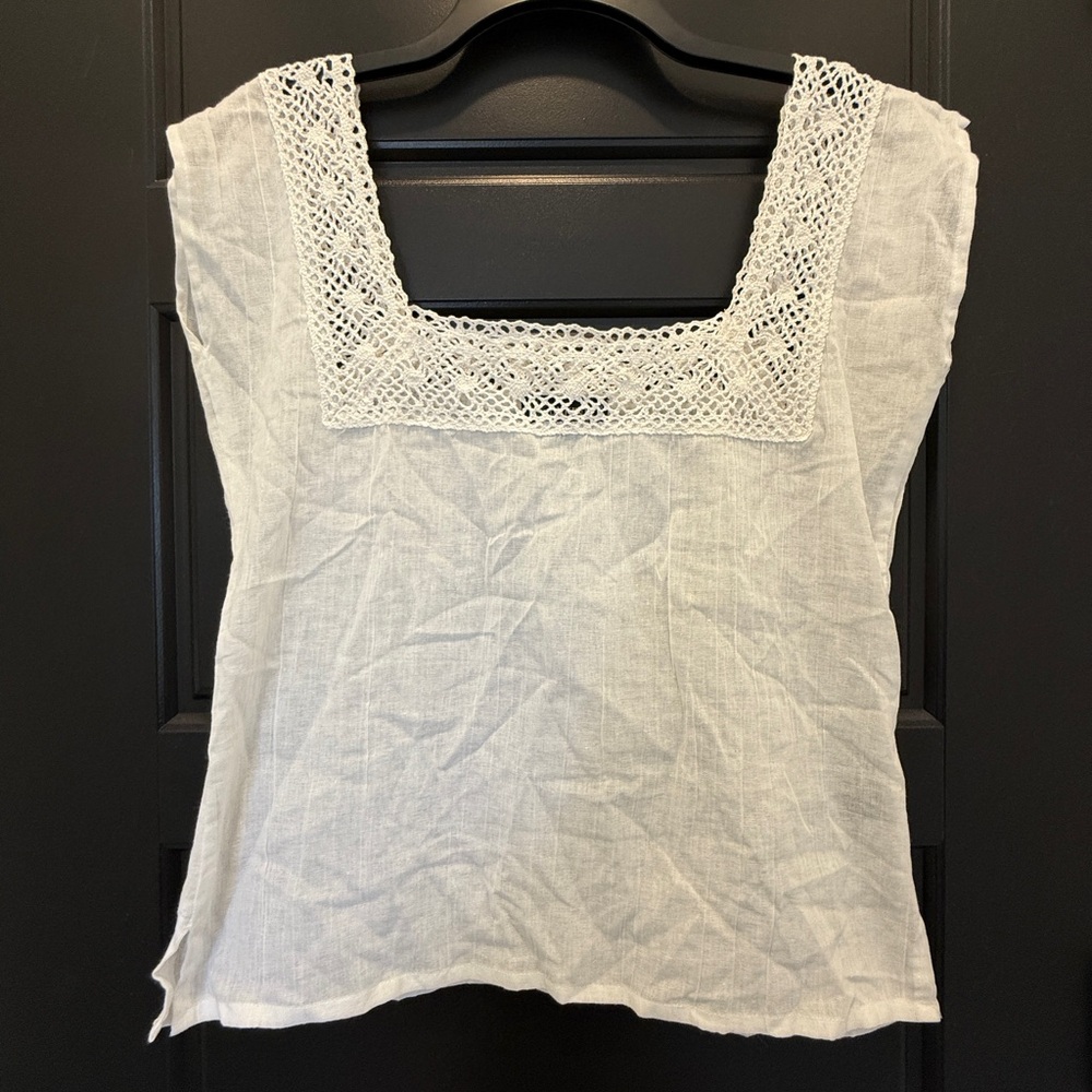 Elegant White Lace Trimmed Linen Top